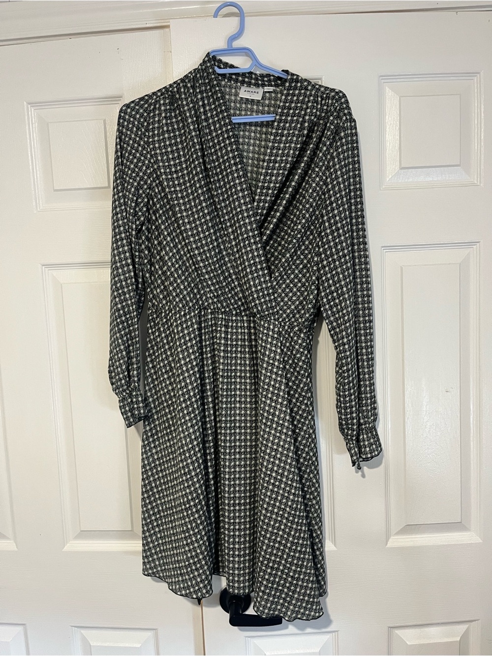 Long-Sleeve Black & White Printed Surplice Dress